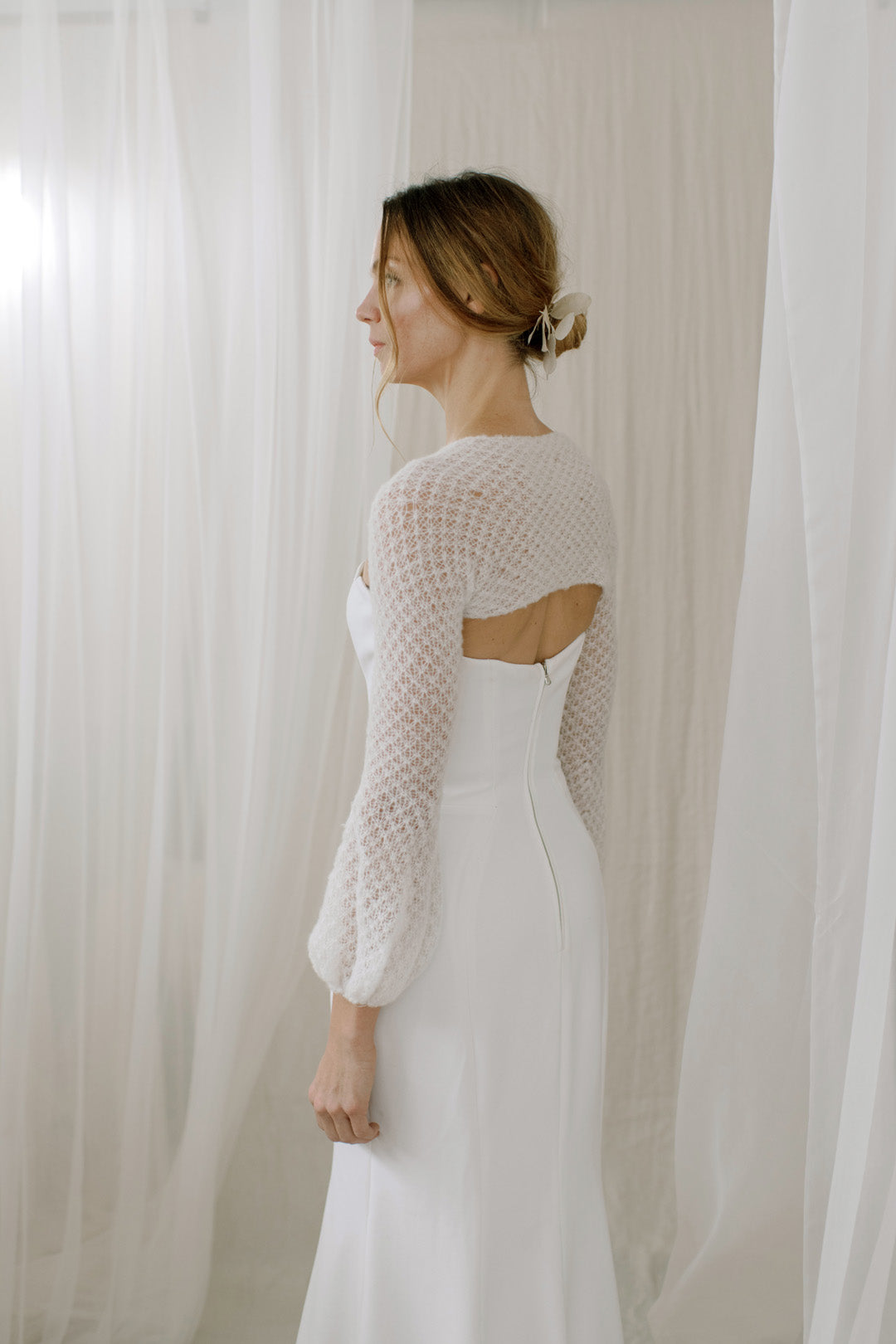 Hand Knit Lace Wedding Shrug with Puff Sleeves - Sustainable Cashmere Esther Andrews Hand Knit Lace Wedding Shrug with Puff Sleeves - Sustainable Cashmere Esther Andrews