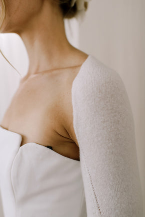 Sustainable Cashmere Wedding Shrug. Side detail View