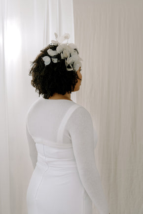 Sustainable Cashmere Wedding Shrug. Side View