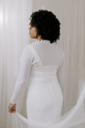 Wedding Shrug made from sustainable 100% Cashmere. Hand crochet silk vines adorn the neckline.  Back view