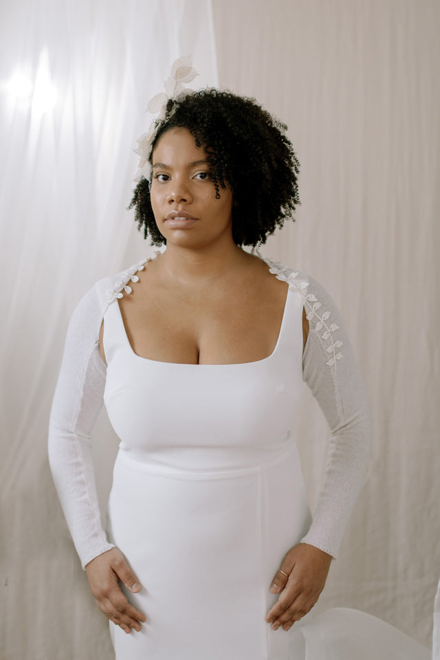 Wedding Shrug made from sustainable 100% Cashmere. Hand crochet silk vines adorn the neckline.  