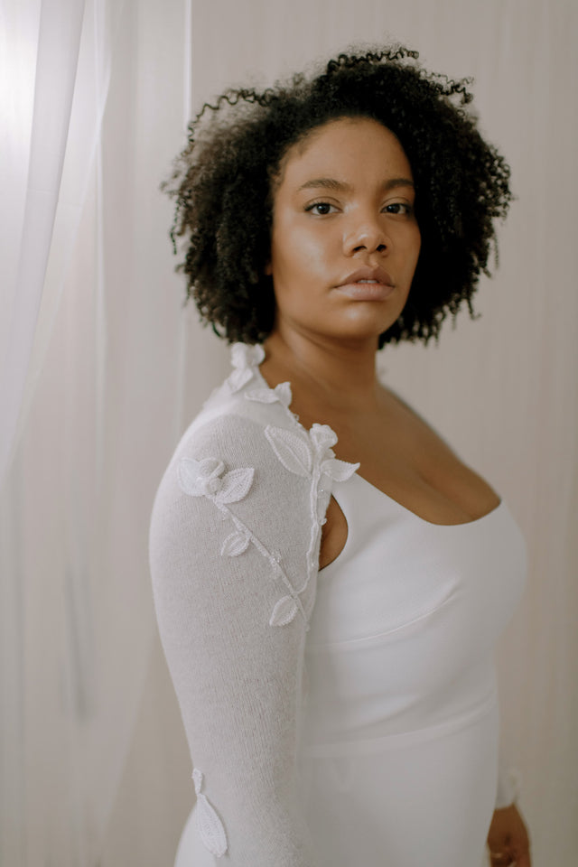 Ether Andrews Crystal Rose Wedding Shrug, front view. 